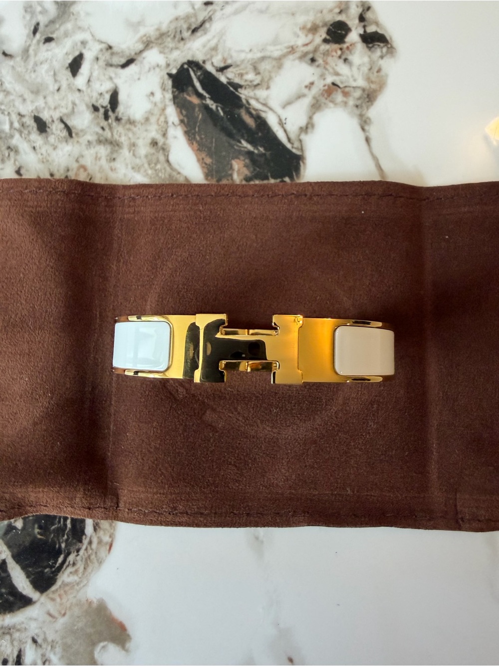 Hermes Gold and White Enamel Cuff Bracelet